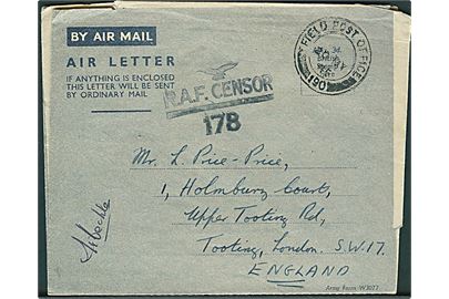 Ufrankeret Forces Air Letter stemplet Field Post Office 190 (= Port Tewfiq, Suez) d. 20.5.1945 til London. RAF Censor 178. Fra Sgt. i Royal Air Force med afsender APO 8490.