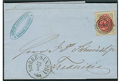4 sk. Tofarvet på brev annulleret med nr.stempel 208 og sidestemplet antiqua Nørre-Sundby d. 23.5.1873 til Fredericia.