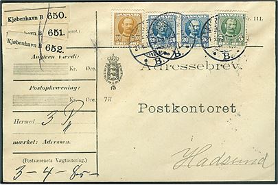 5 øre, 20 øre (par) og 100 øre Fr. VIII på adressebrev for 3 pakker fra Kjøbenhavn d. 21.6.1912 til Hadsund.