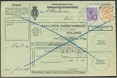 15 øre og 30 øre Chr. X på retur Indkasserings-Postanvisning fra Kolding d. 2.6.1924 til Lou.