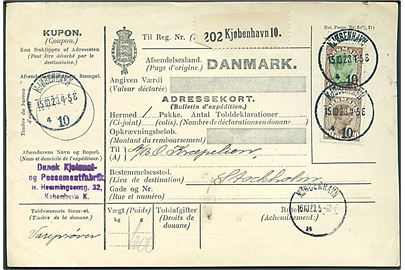 20 øre og 70 øre Chr. X på internationalt adressekort for pakke fra Kjøbenhavn d. 15.10.1923 til Stockholm, Sverige.