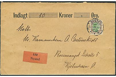 70 øre Chr. X single på værdibrev fra Nysted d. 20.8.1923 til København.