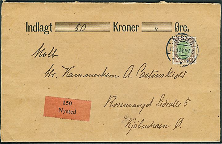 70 øre Chr. X single på værdibrev fra Nysted d. 20.8.1923 til København.