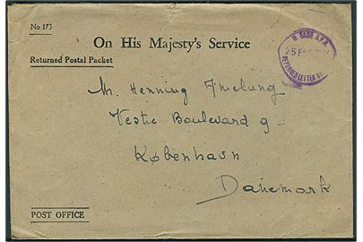 Ufrankeret tjenestebrev fra Post Office / Returned Postal Packet med violet stempel 8 Base A.P.O. Returned Letter Branch d. 25.2.1947 til København, Danmark.