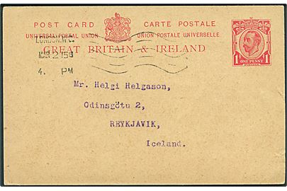 1d George V helsagsbrevkort fra London d. 2.3.1915 til Reykjavik, Island.