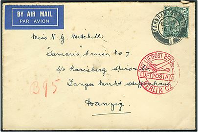 4d George V single på luftpostbrev fra Farnham d. 14.8.1934 via Berlin til passager ombord på Cunard Line RMS Samaria på krydstogt til Danzig. Ank.stemplet Danzig d. 16.8.1934. Rødt: Mit Luftpost befördert Luftpostamt Berlin C2.