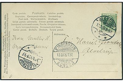 5 øre Chr. IX på lokalt brevkort i Glostrup d. 13.3.1906 fejlsendt og transitstemplet med bureaustempel Kjøbenhavn - Korsør T.52 d. 13.3.1906.