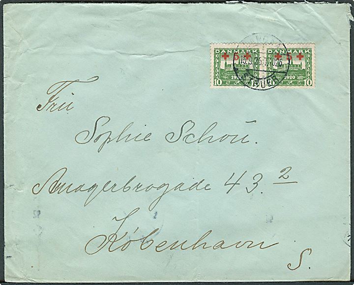 10+5 øre Røde Kors provisorium i parstykke på brev fra Skive annulleret med bureaustempel Langaa - Struer T. 1026 d. 15.9.1926 til København.