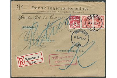 2 øre Bølgelinie og 10 øre Chr. X i par på 22 øre lokalt anbefalet brev i Kjøbenhavn d. 28.6.1919. Returneret d. 14.7.1919 med påtegning Ei afhentet.